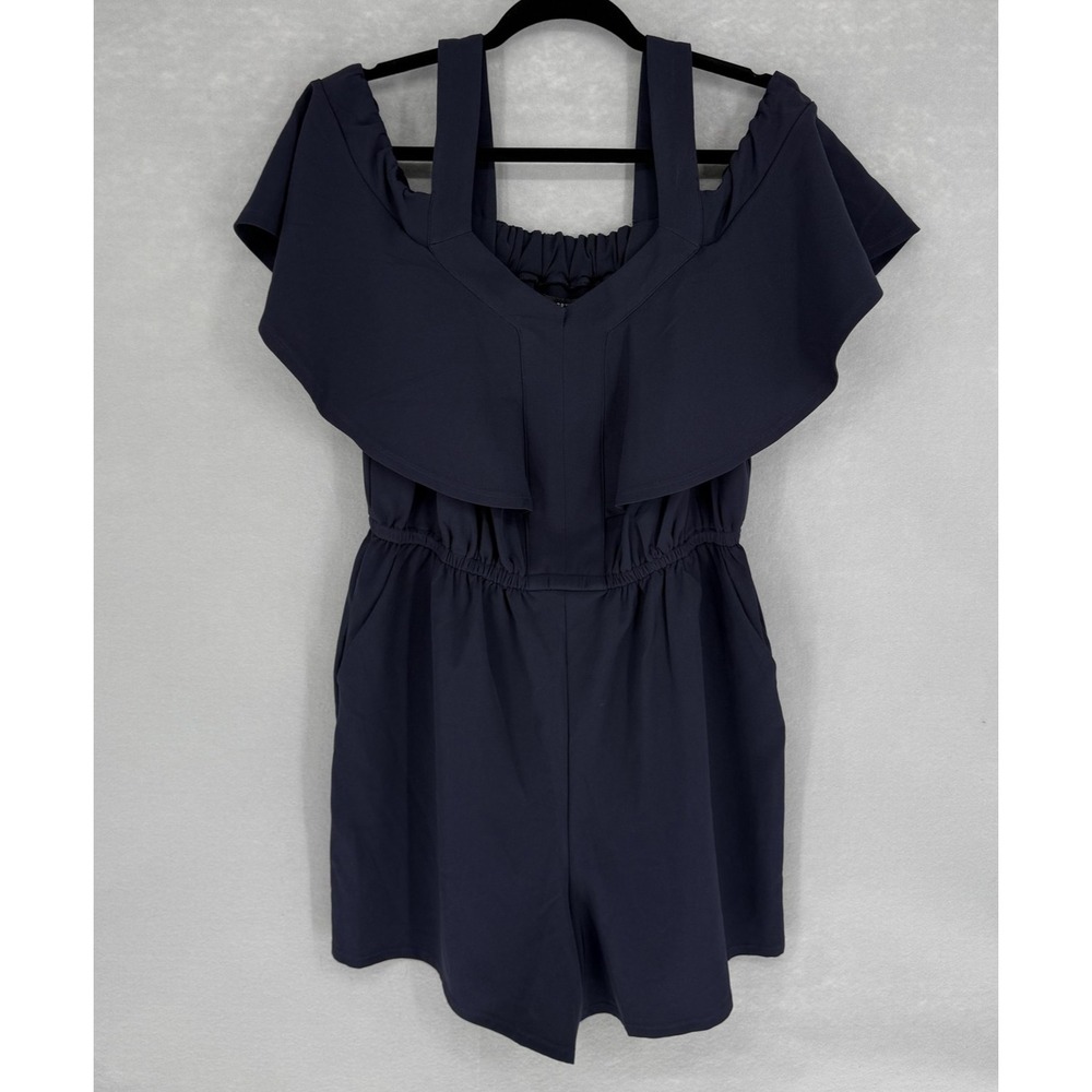 Lane Bryant Romper Womens 10 Blue Off Shoulder Ruffle Elastic Waist Pockets New